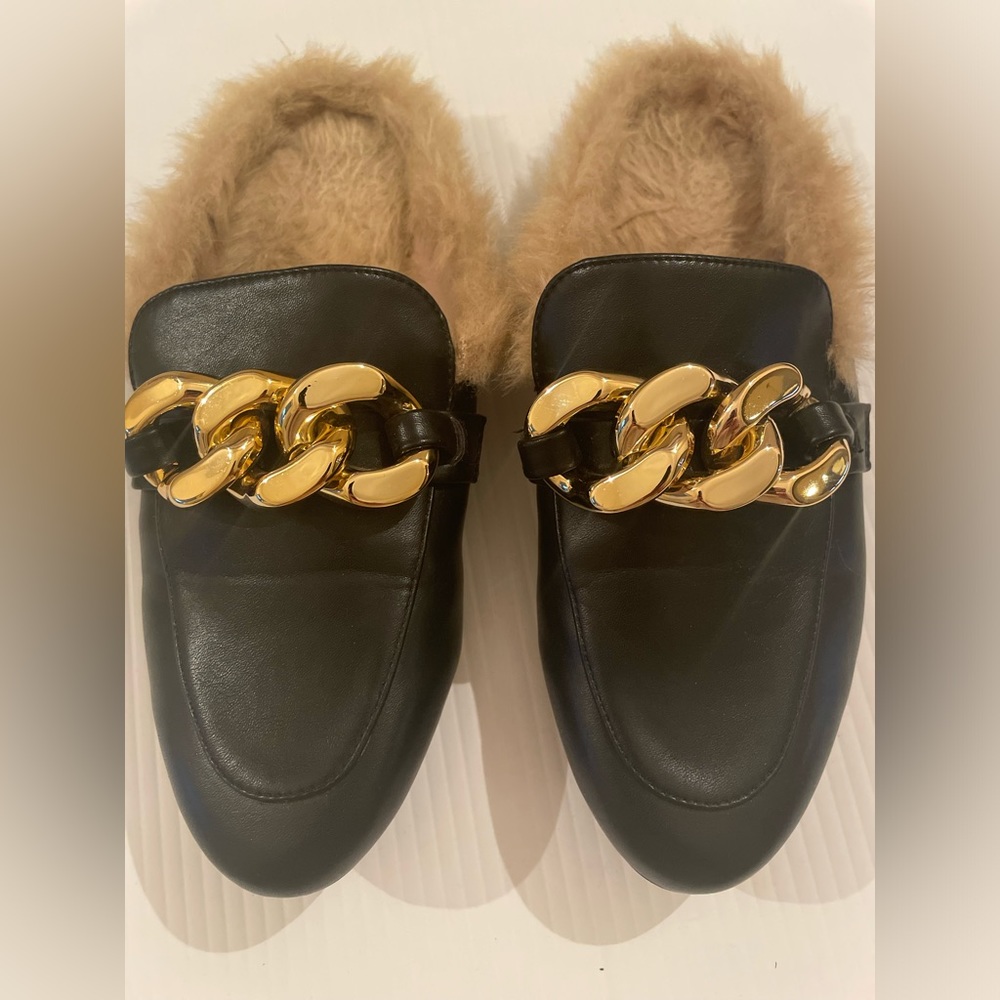 DREAM PAIRS Mules, Flats with Faux Fur Black Size 7